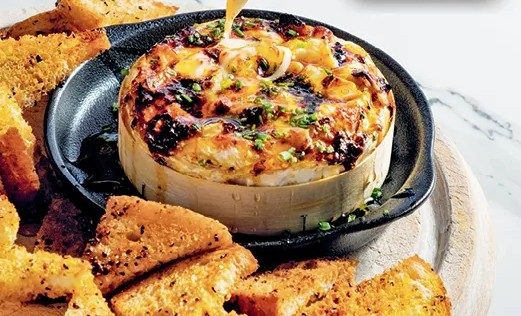 Honey and chipotle baked camembert with garlic toast